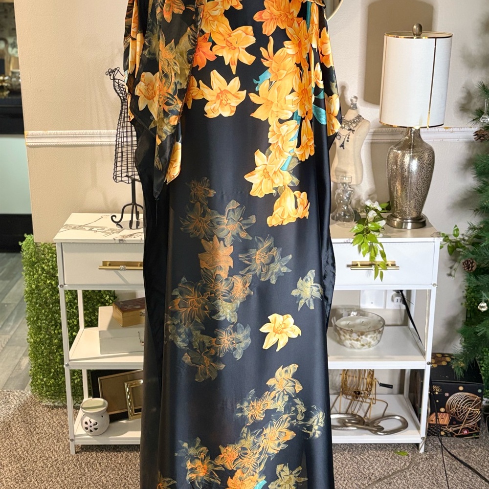 Floral Black and Orange Swimsuit Coverup